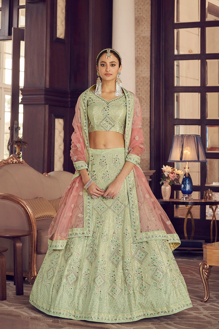 Designer Pista Green Lehenga | Sequins & Zarkan Festive Outfit