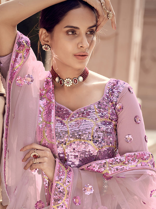 Lilac Sequins Work Net Lehenga Choli | Wedding Wear Soft Net Set