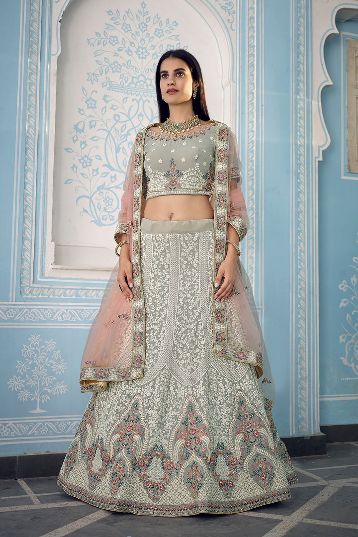 Designer Grey Semi Stitched Lehenga | Embroidered Kalidar Choli Set