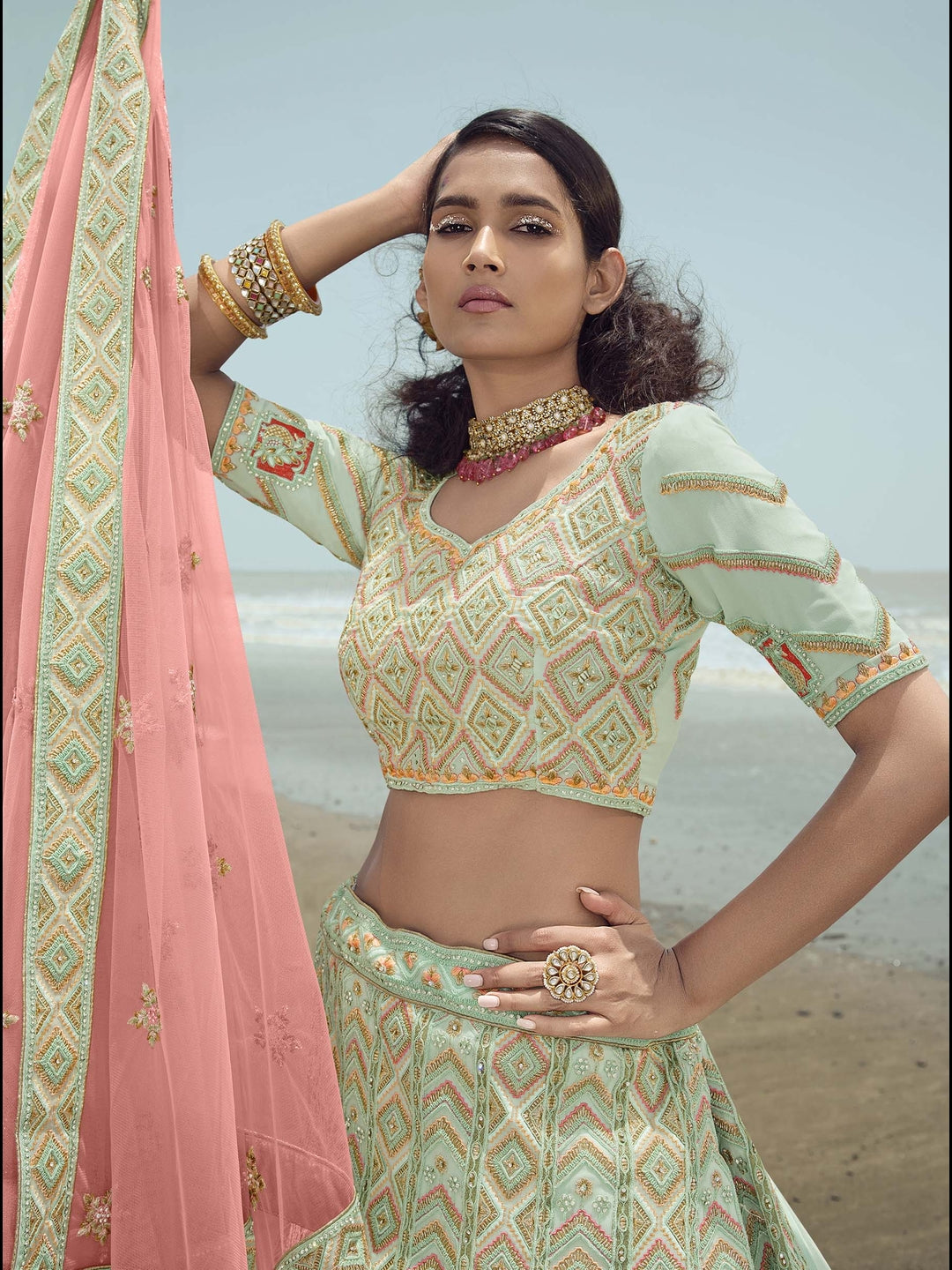 Georgette Lehenga with Intricate Zarkan Work | Ethereal Net Dupatta