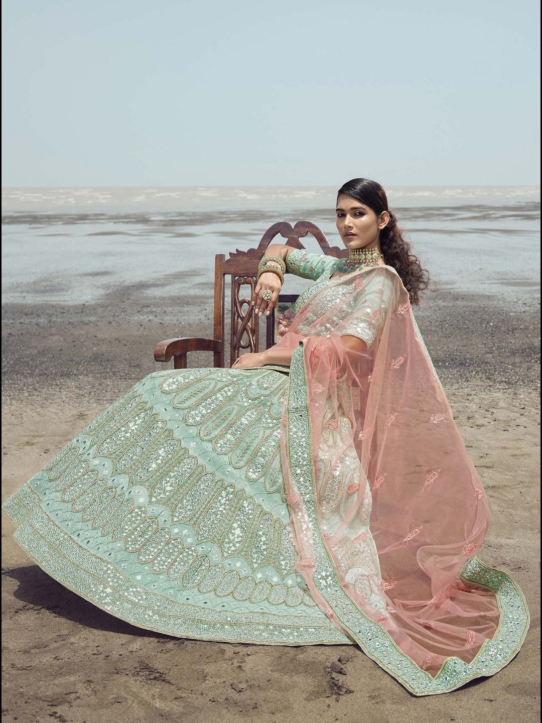 Exquisite Organza Lehenga | Flared Silhouette & Embellished Boat Neck Blouse