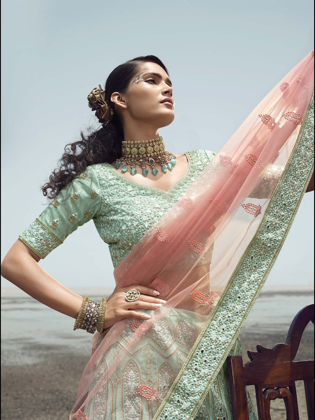 Exquisite Organza Lehenga | Flared Silhouette & Embellished Boat Neck Blouse