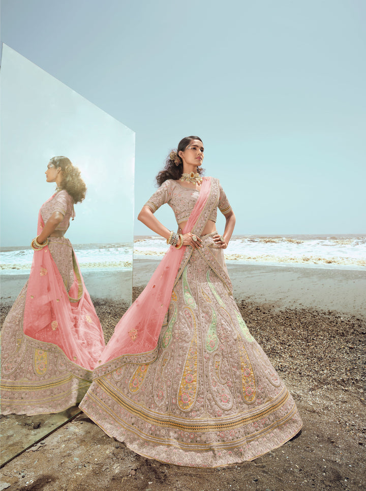 Elegant Organza Lehenga Set | Intricate Thread & Zarkan Work with Paisley Motifs