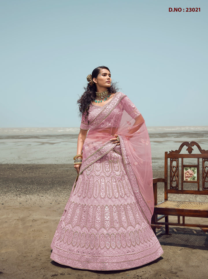 Exquisite Organza Lehenga | Flared Silhouette & Embellished Boat Neck Blouse