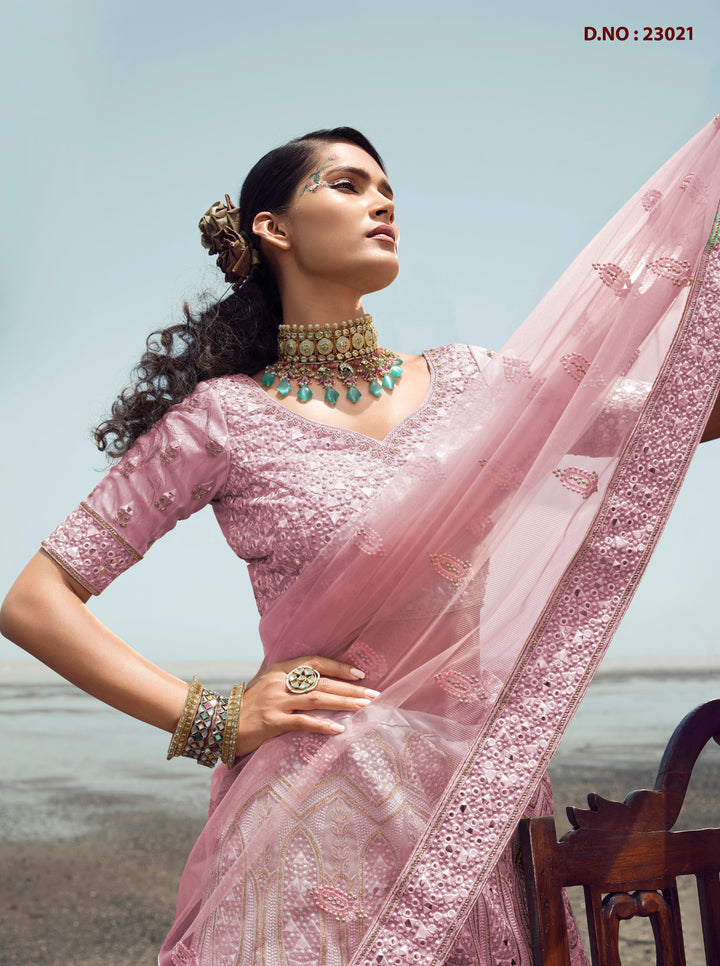 Exquisite Organza Lehenga | Flared Silhouette & Embellished Boat Neck Blouse