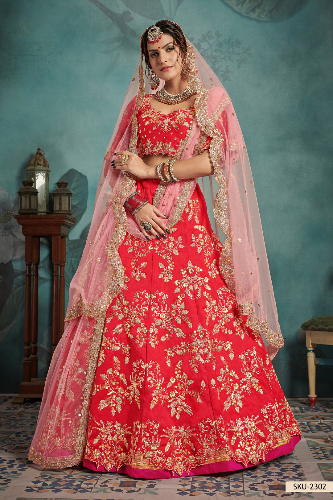 Red Bridal Lehenga Choli | Art Silk Wedding Lehenga with Sequins