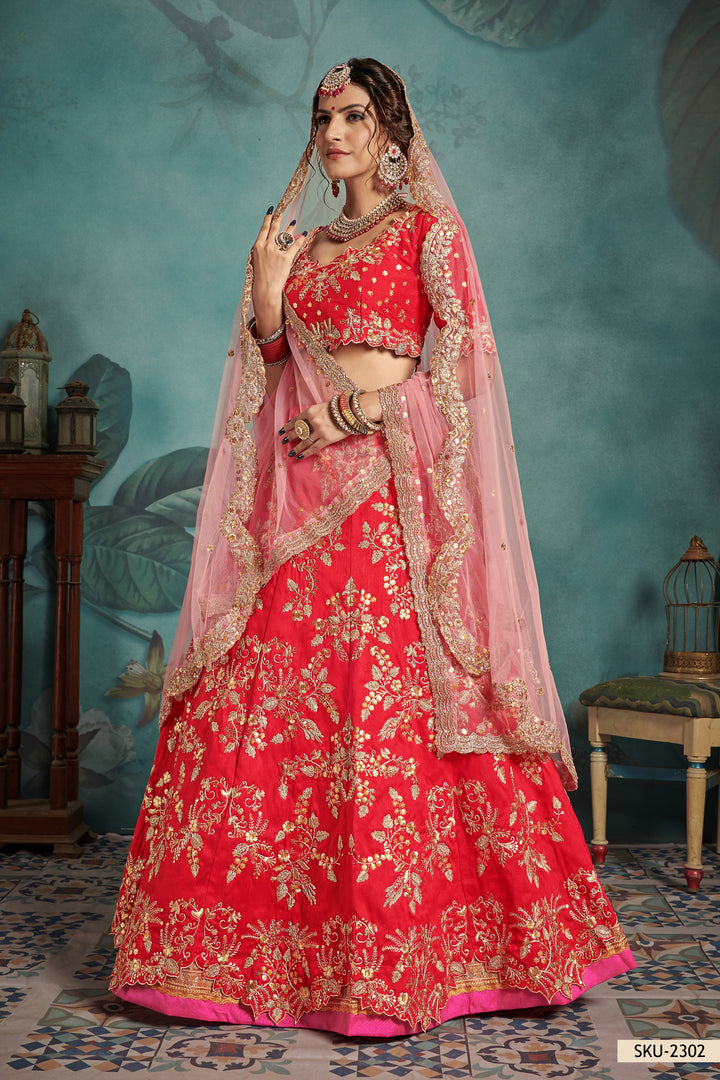 Red Bridal Lehenga Choli | Art Silk Wedding Lehenga with Sequins