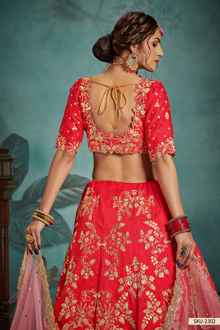 Red Bridal Lehenga Choli | Art Silk Wedding Lehenga with Sequins