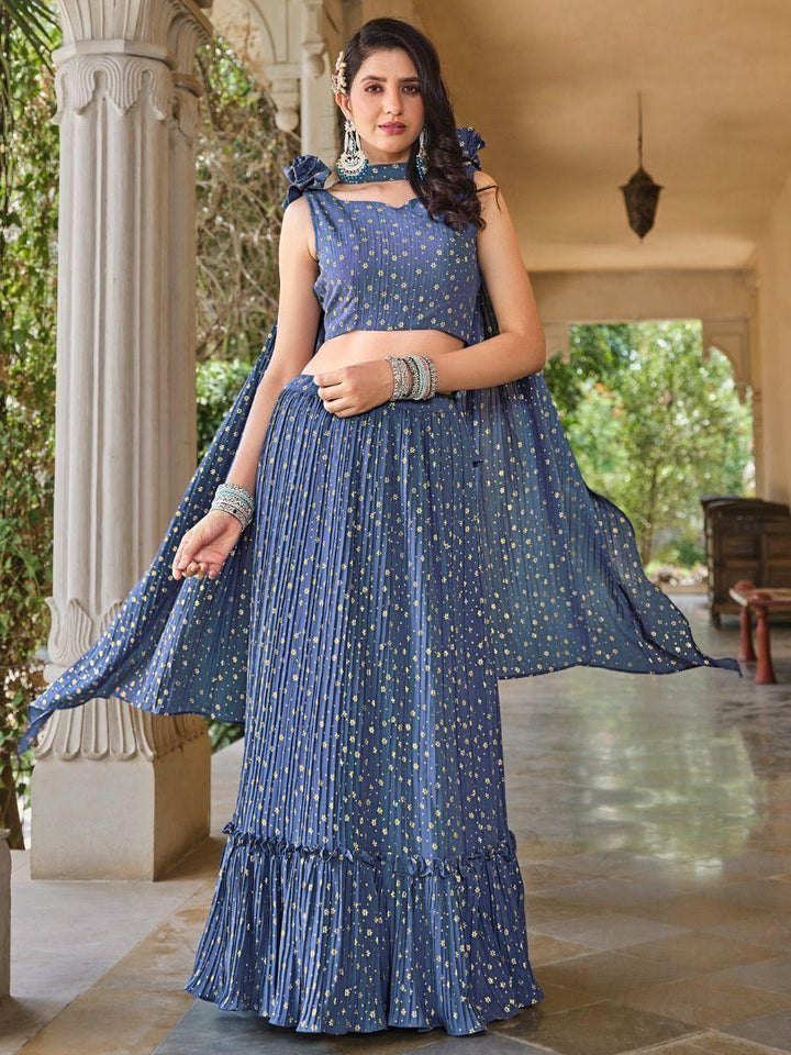 Dusty Blue Georgette Lehenga Choli | Metallic Foil Work for Festive Occasions