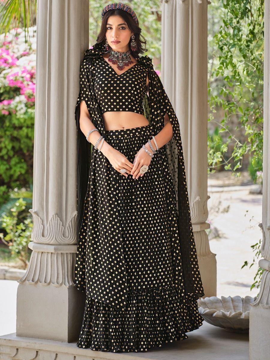 Stylish Black Party Lehenga | Ruffle Crush Pattern with Foil Detailing