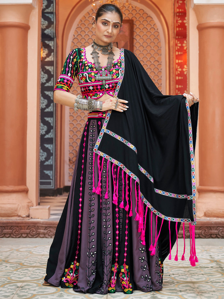 Charming Black Rayon Mirror Work Navratri Lehenga Choli With Dupatta