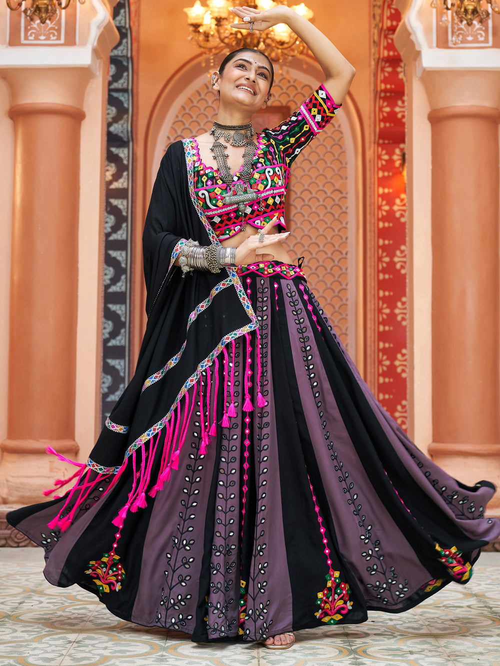 Charming Black Rayon Mirror Work Navratri Lehenga Choli With Dupatta