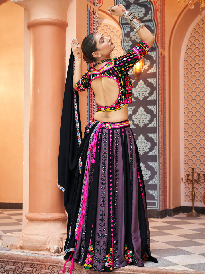 Charming Black Rayon Mirror Work Navratri Lehenga Choli With Dupatta