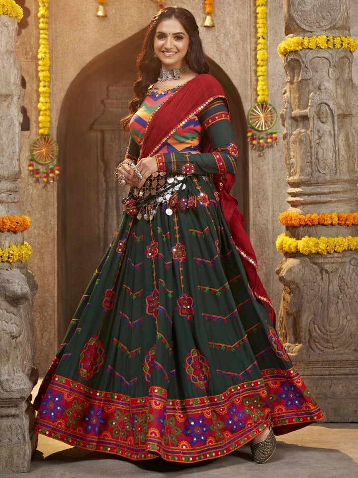 Green Mirror Work Rayon Lehenga | Navratri Wear with Gamthi Embroidery