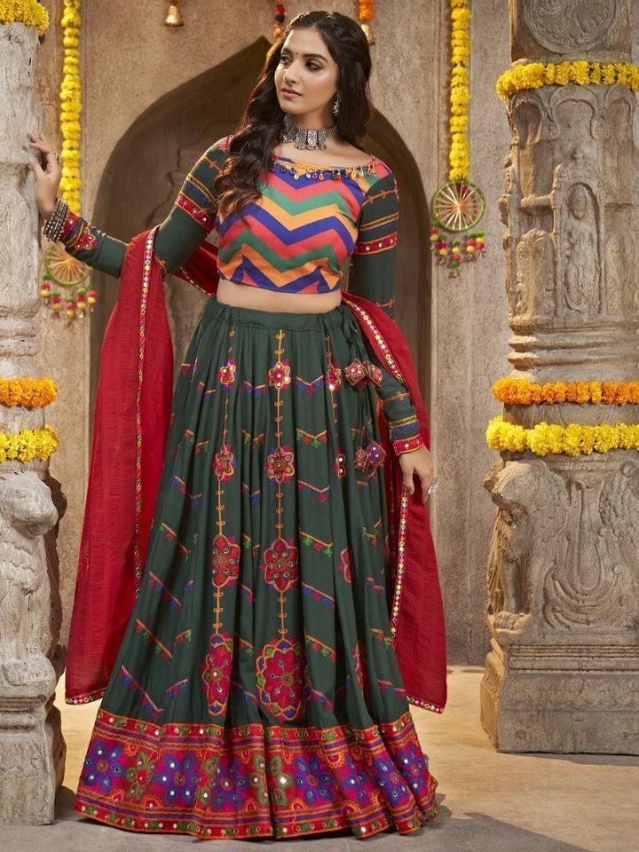 Green Mirror Work Rayon Lehenga | Navratri Wear with Gamthi Embroidery