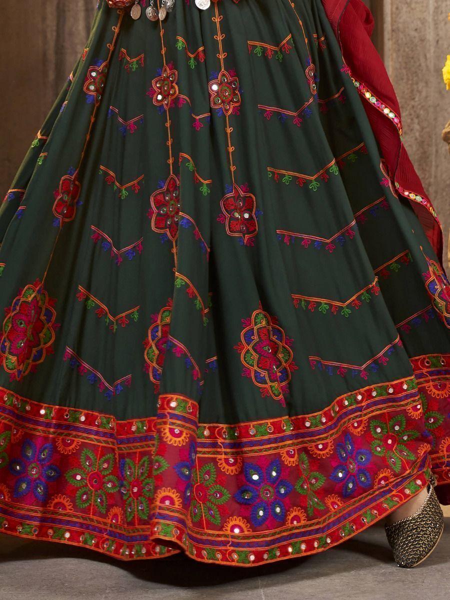 Green Mirror Work Rayon Lehenga | Navratri Wear with Gamthi Embroidery