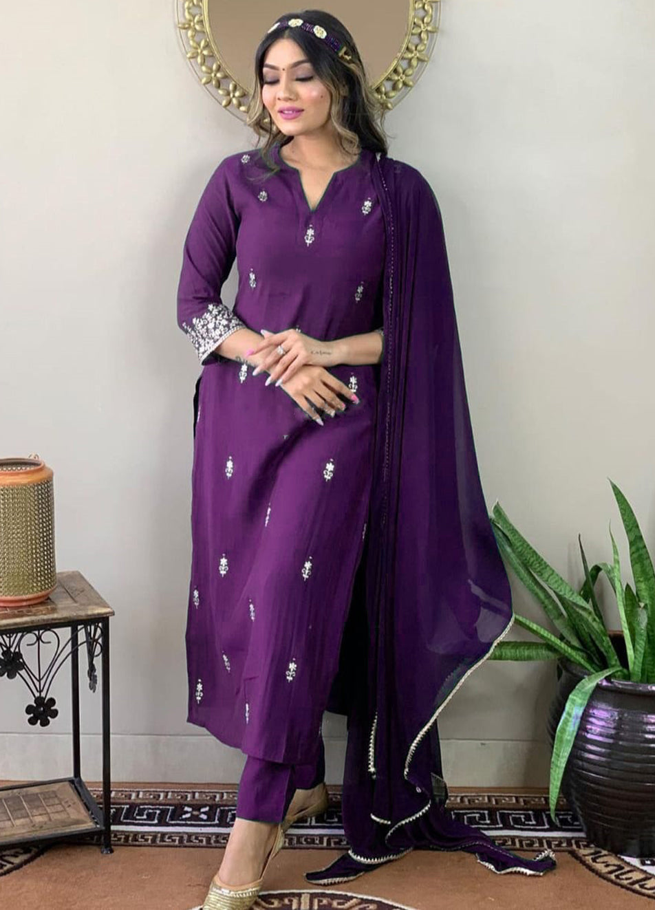 Violet Rayon Slub Kurti Set | Thread Zari Embroidery Kurta Pant