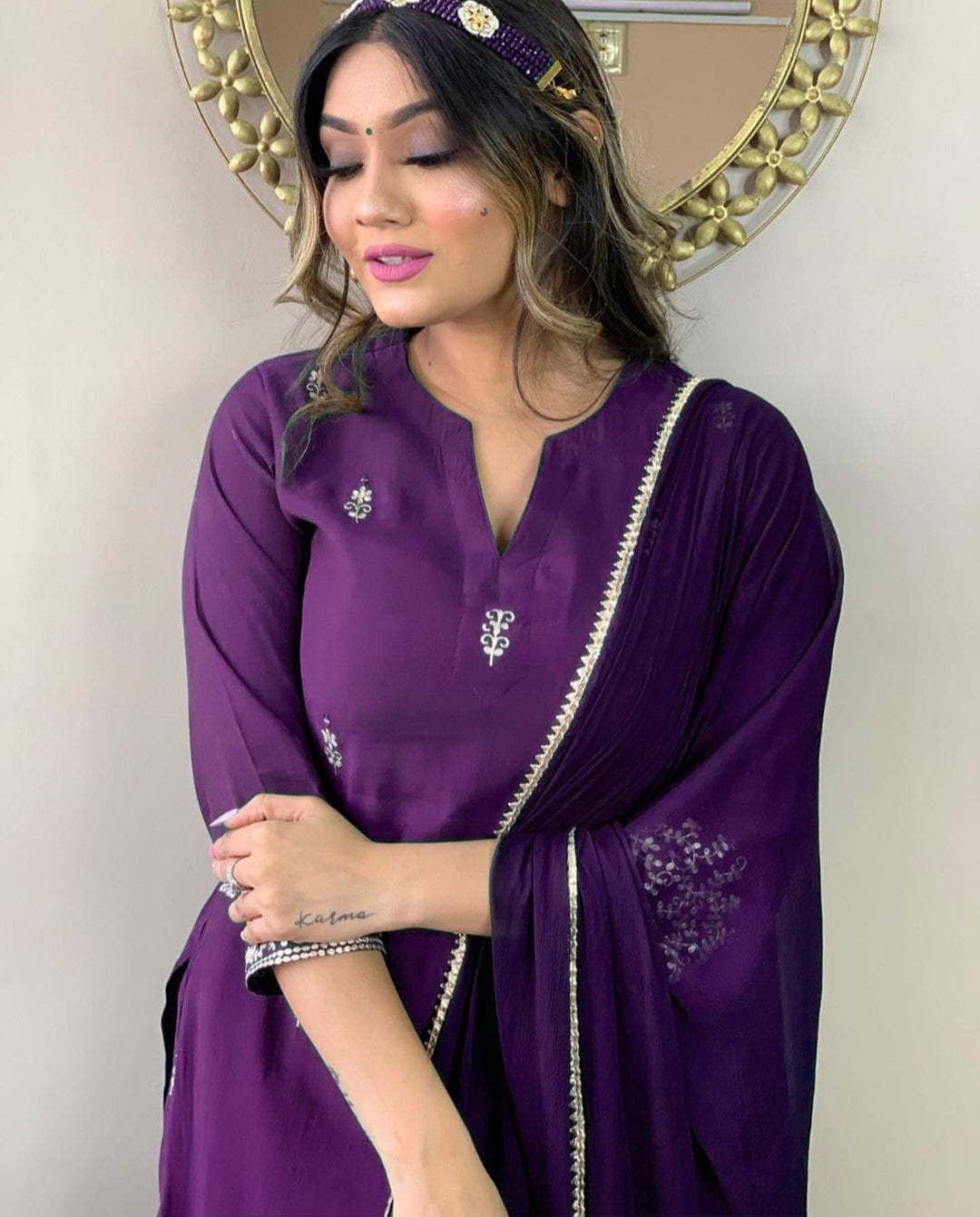 Violet Rayon Slub Kurti Set | Thread Zari Embroidery Kurta Pant