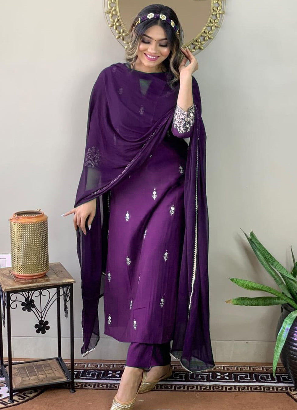 Violet Rayon Slub Kurti Set | Thread Zari Embroidery Kurta Pant