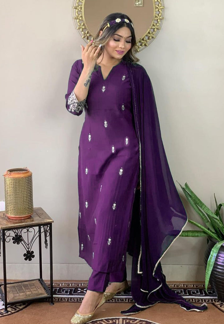 Violet Rayon Slub Kurti Set | Thread Zari Embroidery Kurta Pant