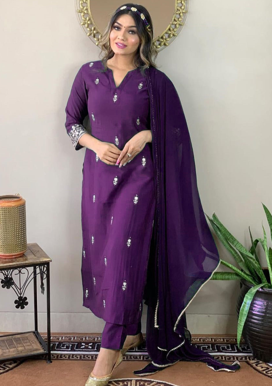 Violet Rayon Slub Kurti Set | Thread Zari Embroidery Kurta Pant