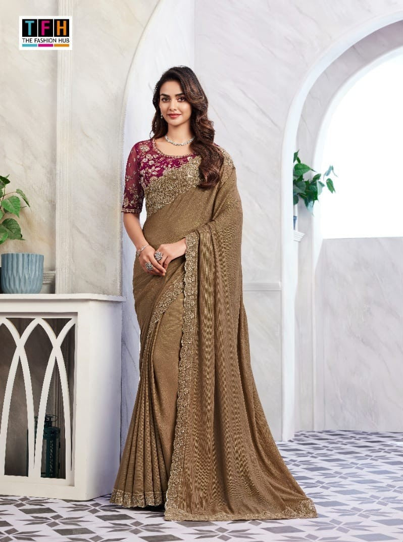 Golden Shimmer Saree | Light Brown Indian Sadi for Special Occasions