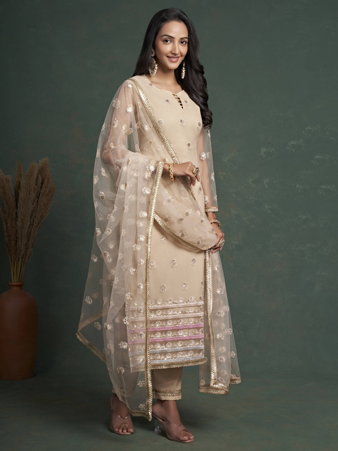 Attractive Beige Sequins Butterfly Net Event Wear Salwar Kameez