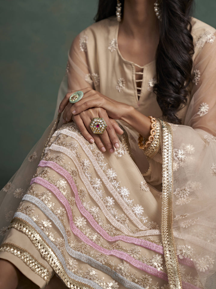 Attractive Beige Sequins Butterfly Net Event Wear Salwar Kameez