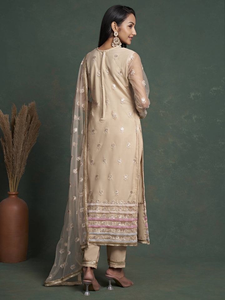 Attractive Beige Sequins Butterfly Net Event Wear Salwar Kameez