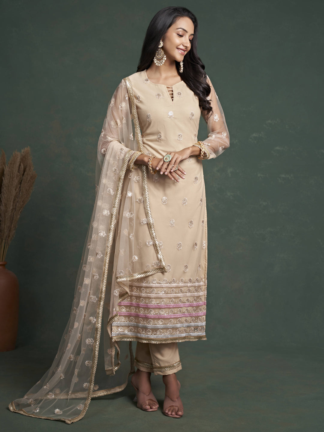 Attractive Beige Sequins Butterfly Net Event Wear Salwar Kameez