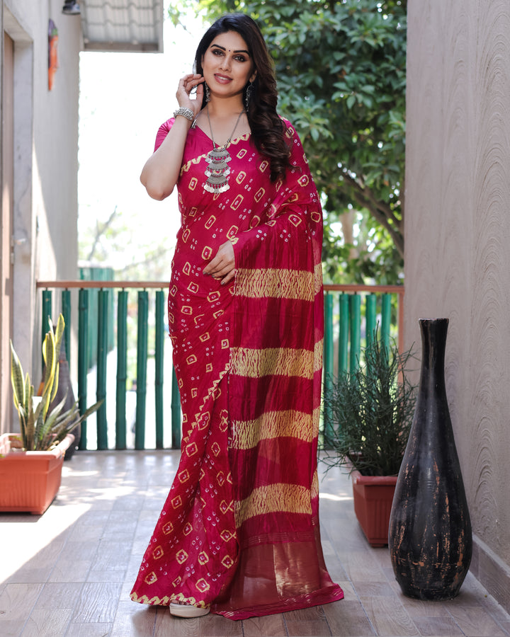 Pink Bandhej silk saree with stunning Zari and Sibory motifs, creating a graceful and sophisticated look.