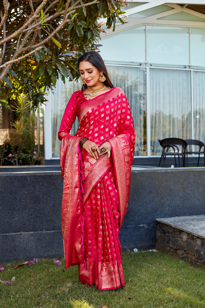 Stunning Pink Satin Silk Wedding Saree with dual weave and exquisite pallu, ideal for special occasions.