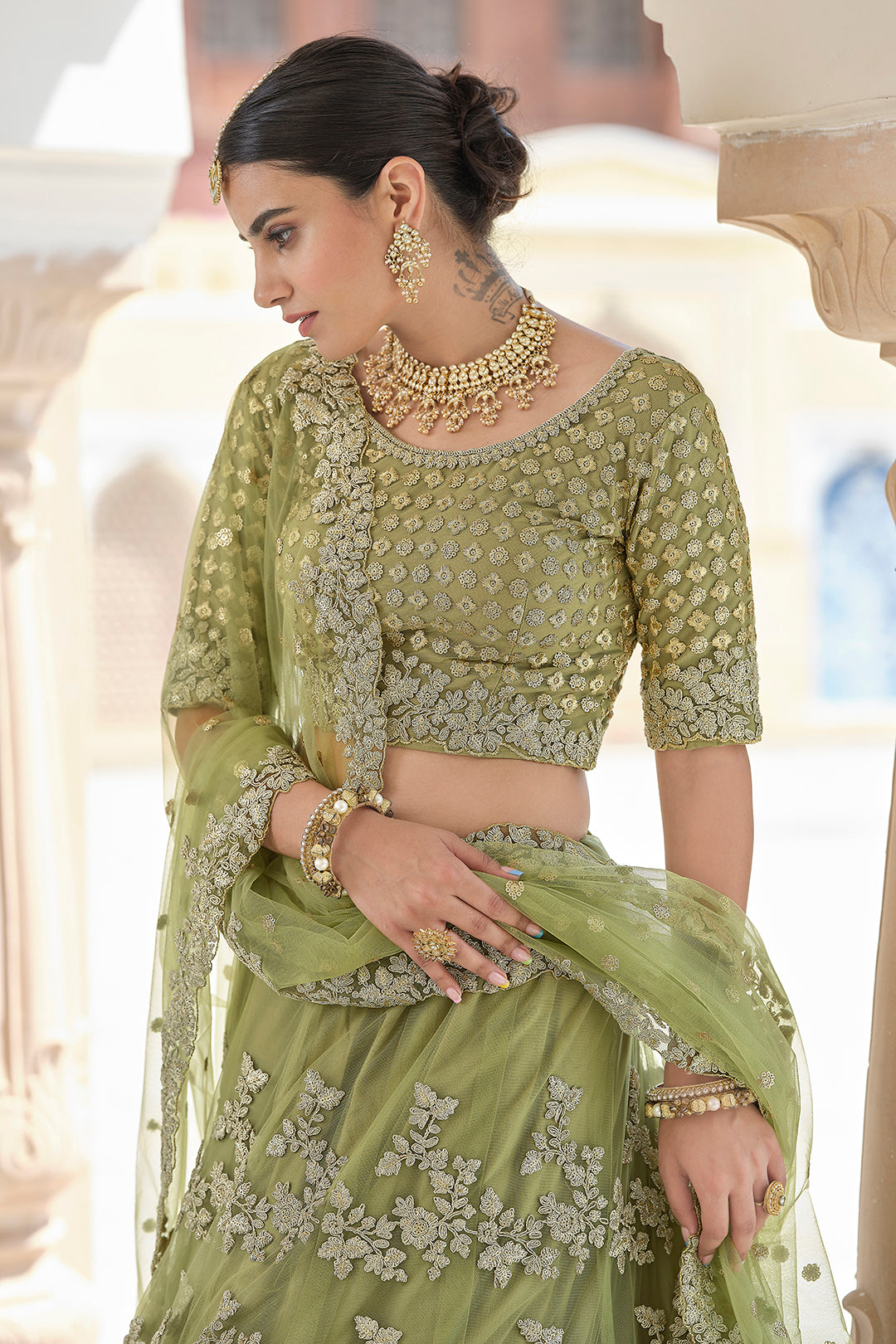 Designer Olive Green Lehenga Choli | Soft Net with Sequins & Dori Work