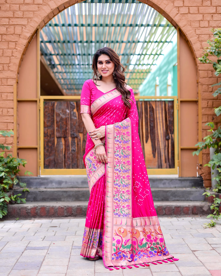 Bright pink Paithani silk saree with intricate zari details and a traditional Paithani border, ideal for grand celebrations.