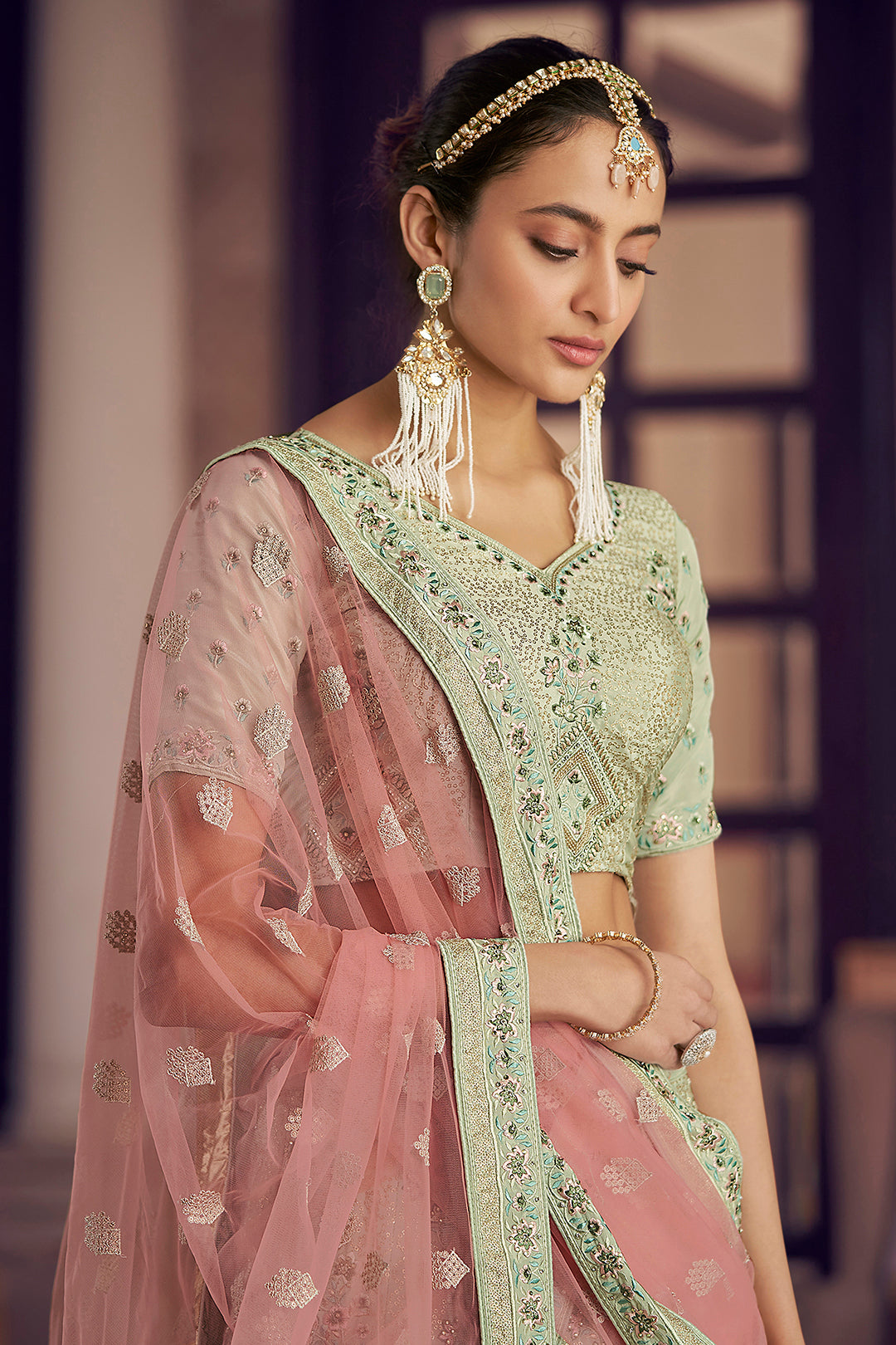 Designer Pista Green Lehenga | Sequins & Zarkan Festive Outfit