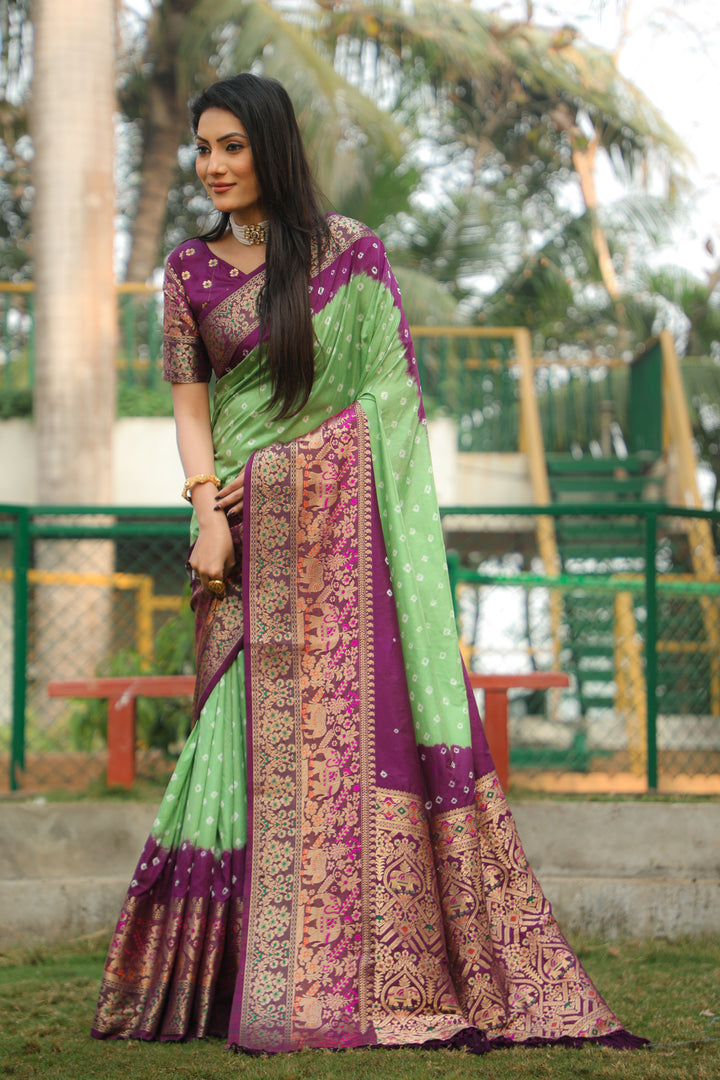 Pista-Green Bandhej Silk Saree with beautiful Kanjivaram border and Minakari pallu, perfect for celebrations.