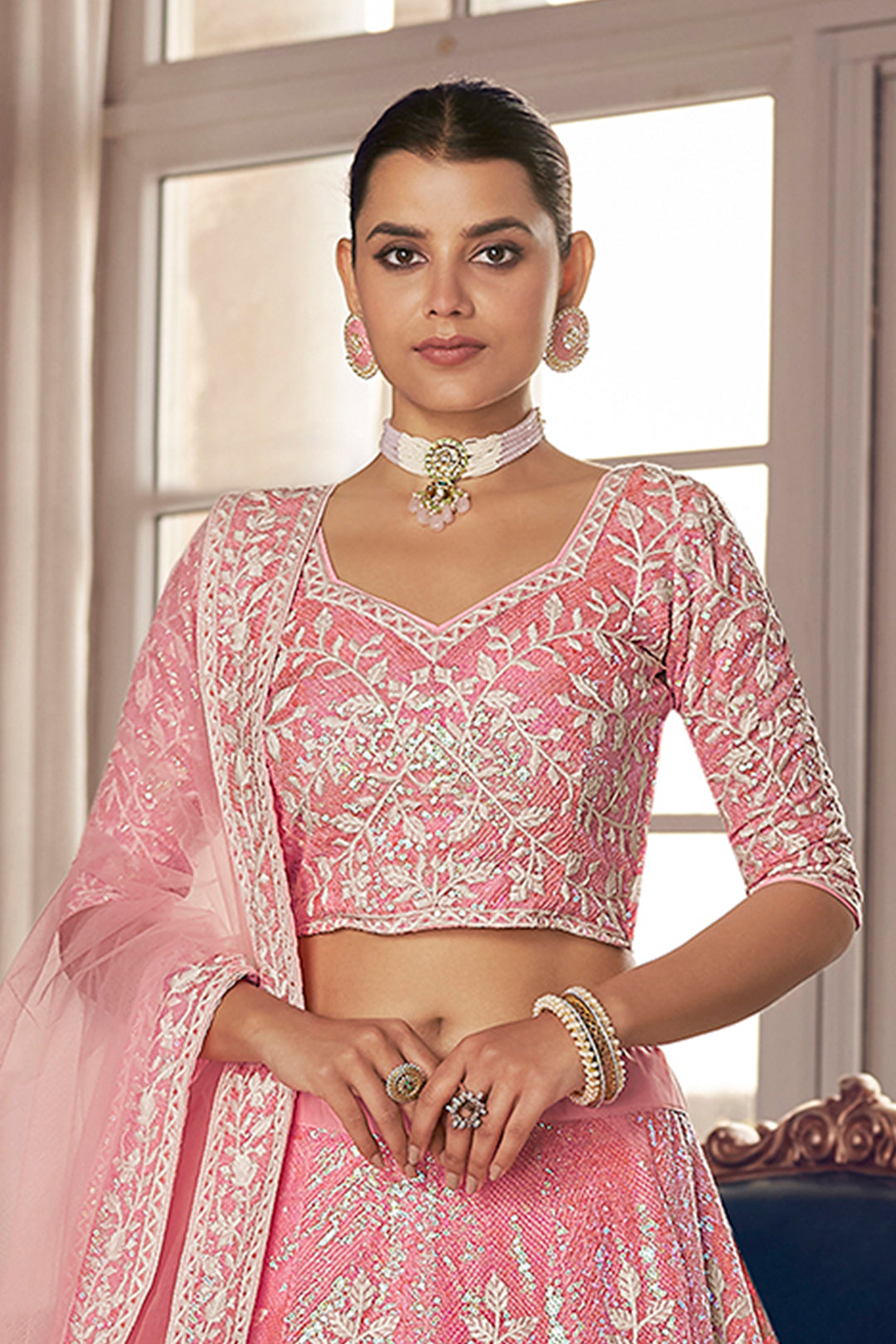 Enchanting Pink Organza Lehenga | Sequins Work Bridal Lehenga Choli