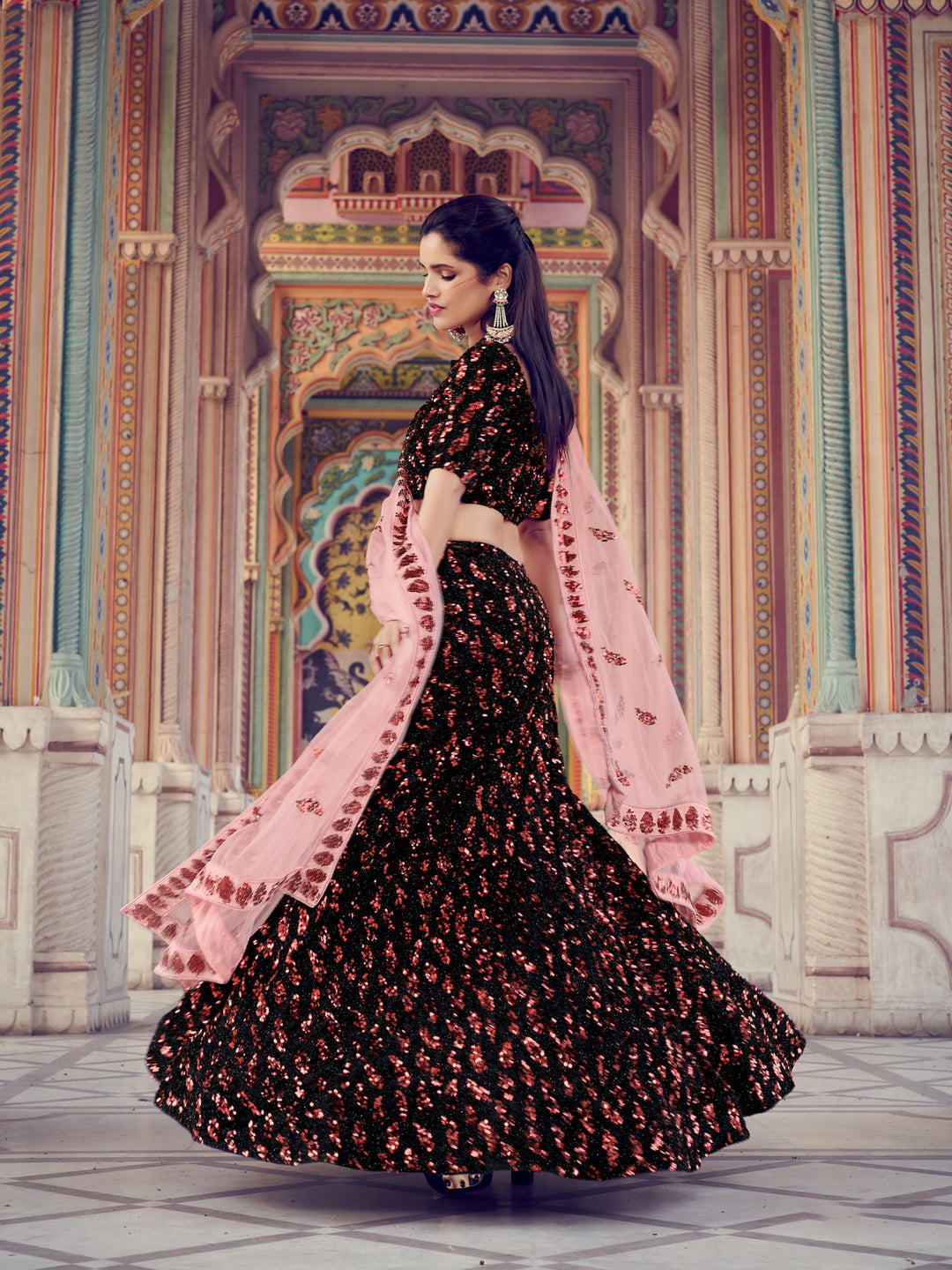 Black and Red Floral Lehenga | Pastel Pink Dupatta Bridal Ensemble