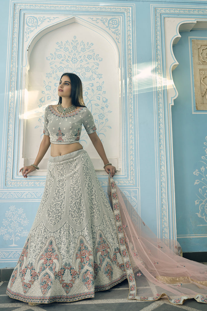 Designer Grey Semi Stitched Lehenga | Embroidered Kalidar Choli Set