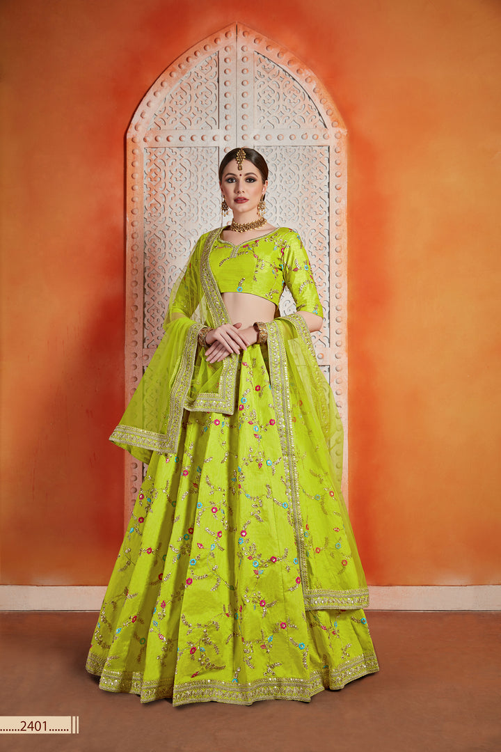 Neon Green Art Silk Lehenga | Sequins, Zari & Thread Work Elegance