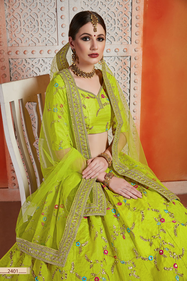 Neon Green Art Silk Lehenga | Sequins, Zari & Thread Work Elegance