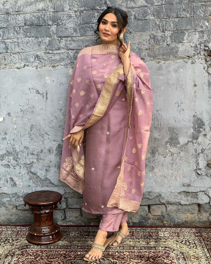 Onion Pink Chanderi Kurti Set | Embroidered Kurta with Pants & Dupatta