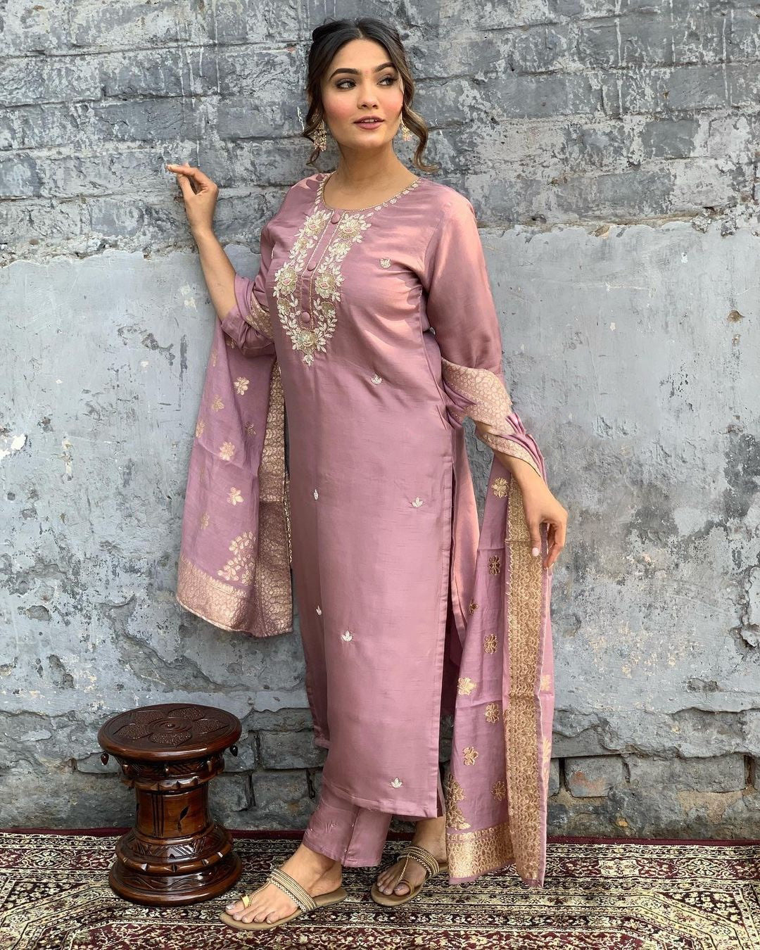 Onion Pink Chanderi Kurti Set | Embroidered Kurta with Pants & Dupatta