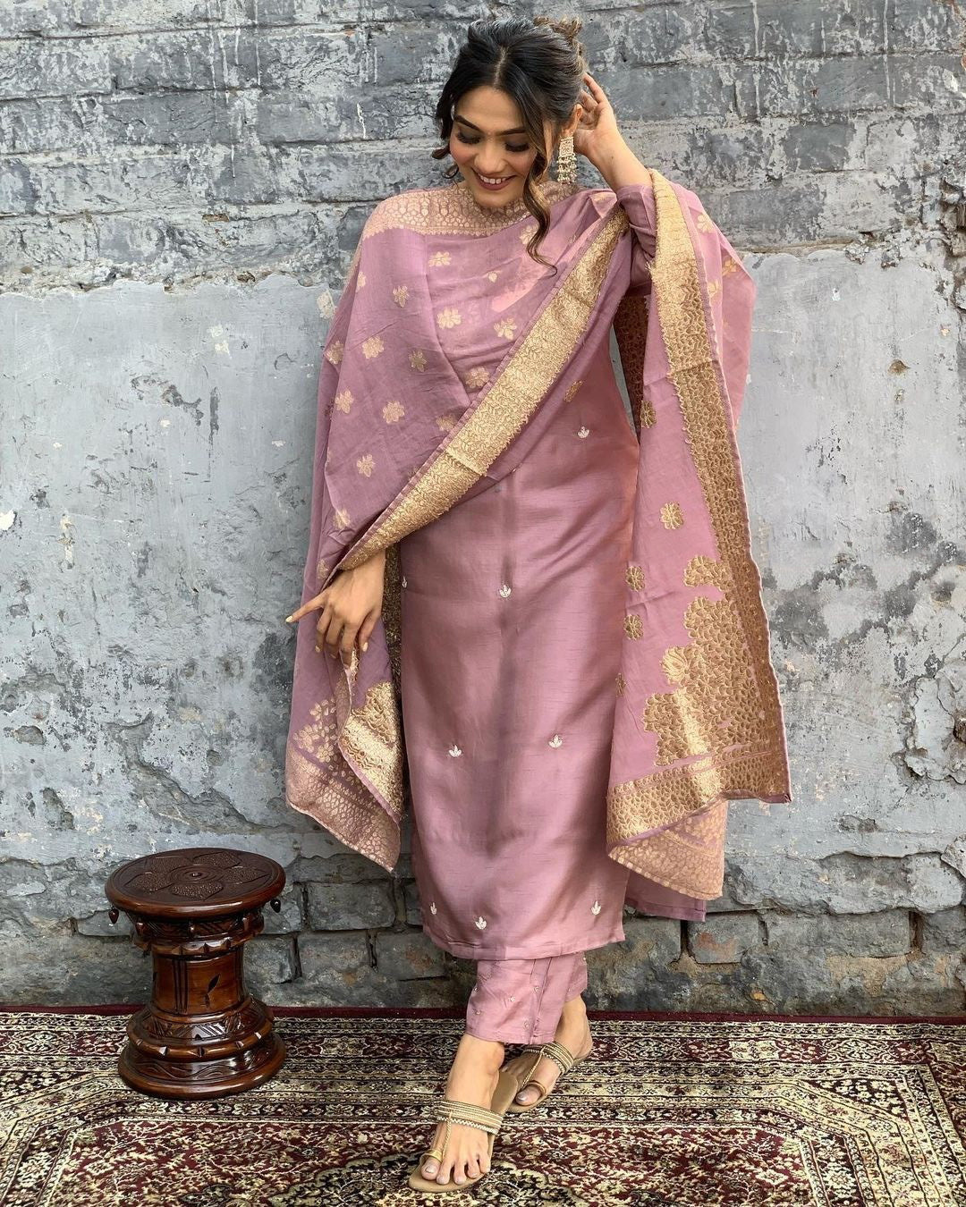 Onion Pink Chanderi Kurti Set | Embroidered Kurta with Pants & Dupatta