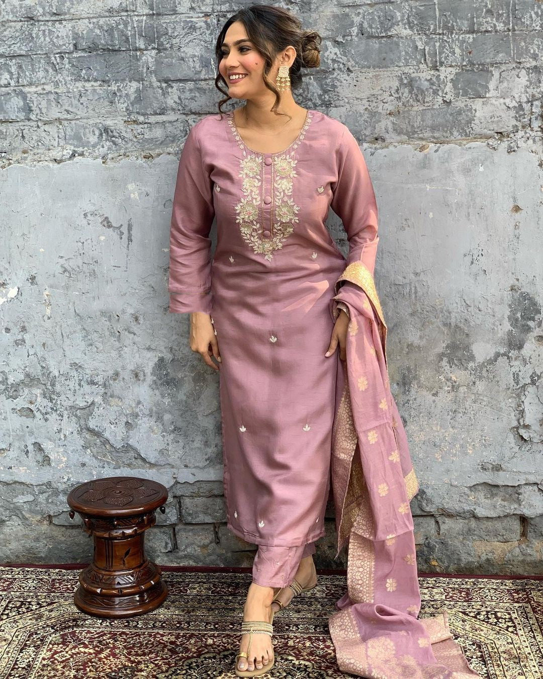 Onion Pink Chanderi Kurti Set | Embroidered Kurta with Pants & Dupatta