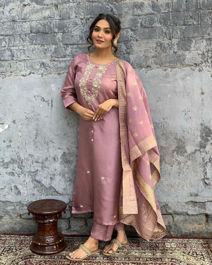 Onion Pink Chanderi Kurti Set | Embroidered Kurta with Pants & Dupatta