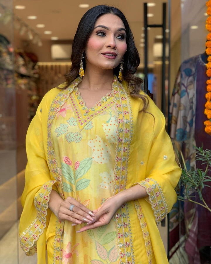 Lemon Yellow Kurti Set | Digital Print with Zari Embroidery for Women