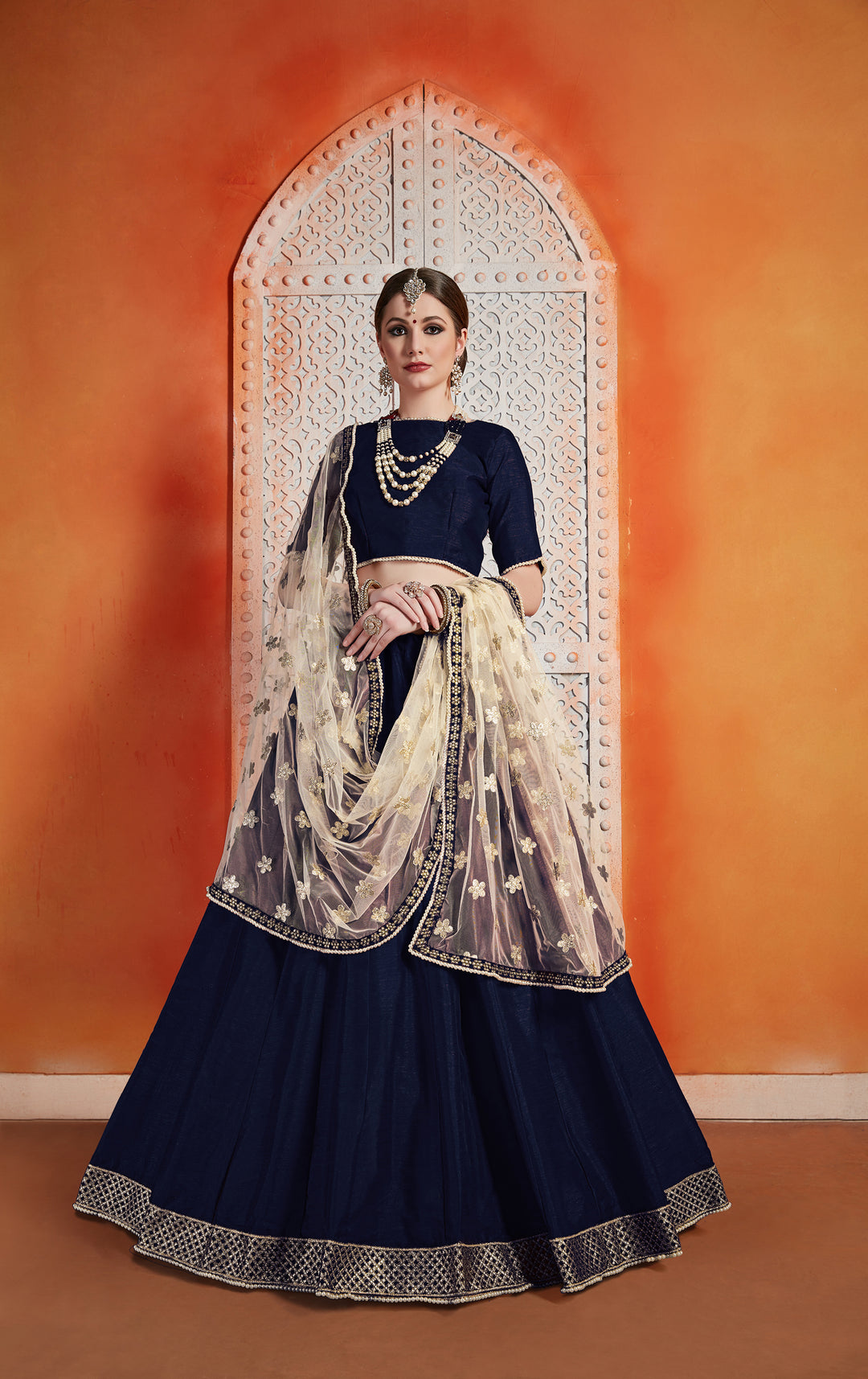 Navy Blue Art Silk Lehenga | Zari Work for Weddings & Special Events