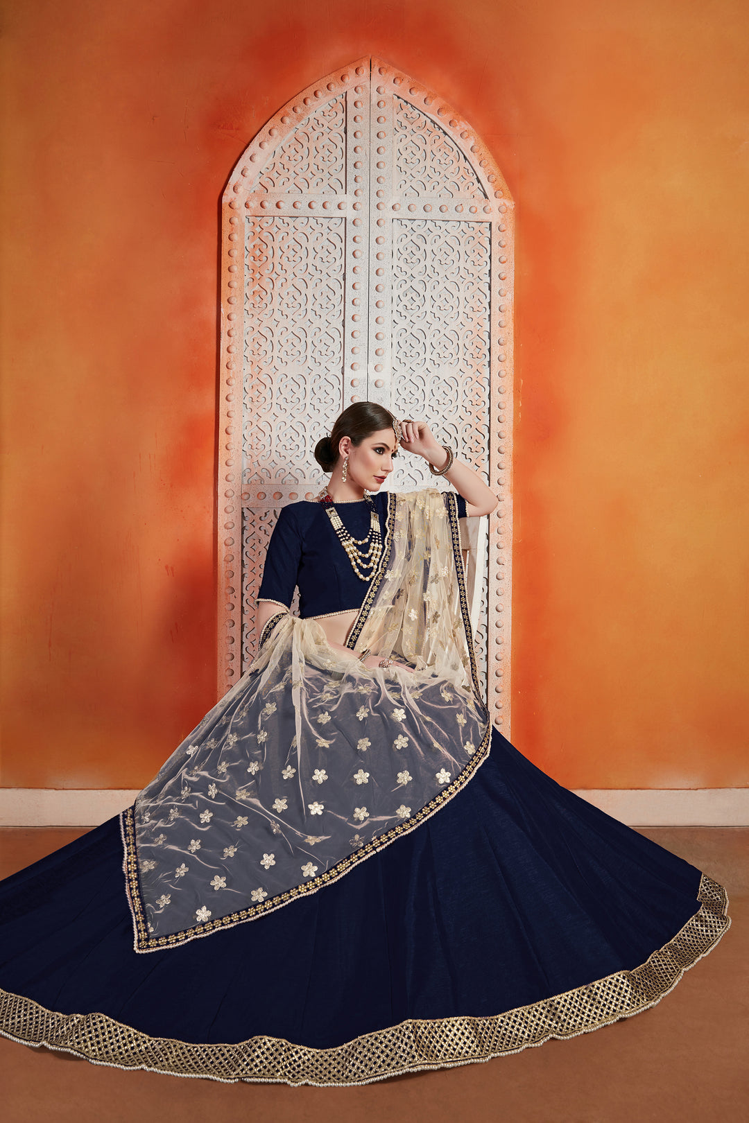 Navy Blue Art Silk Lehenga | Zari Work for Weddings & Special Events