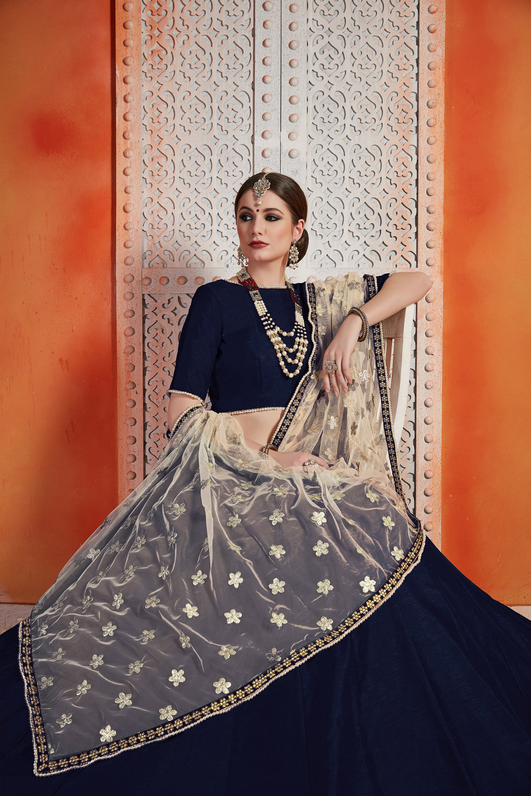 Navy Blue Art Silk Lehenga | Zari Work for Weddings & Special Events